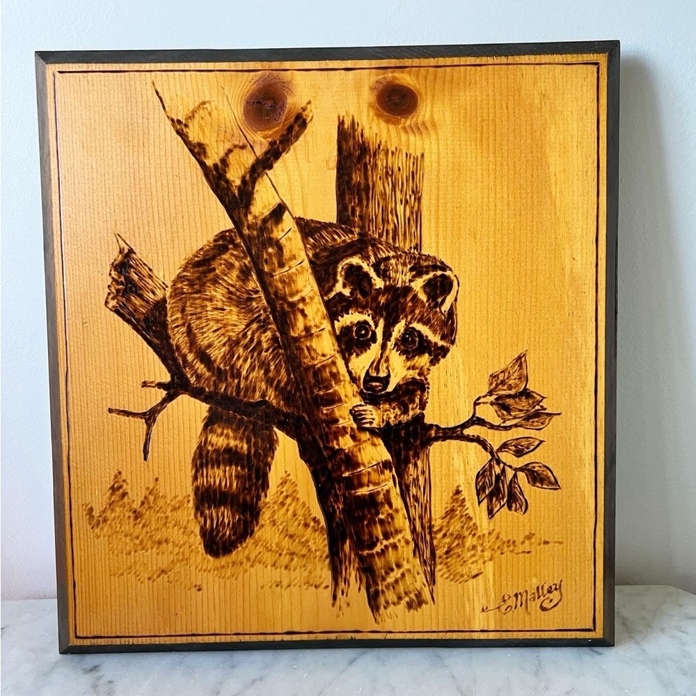 VINTAGE Signed Raccoon Wood Art picture • excellent vintage condition